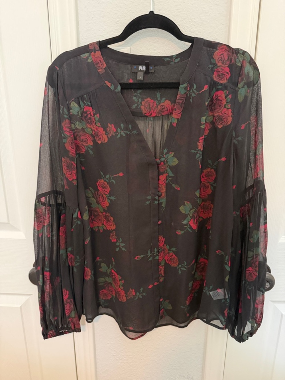 Paige Black Sheer Blouse with Red Rose Print